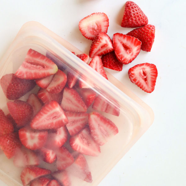 Frozen strawberries in stasher bag